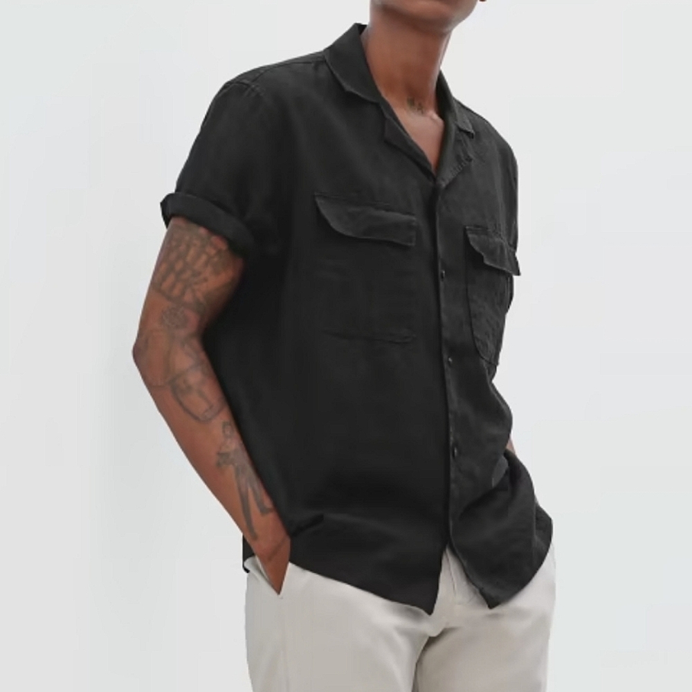 Everlane Black Short-Sleeve Button-Down Camp Collar Shirt